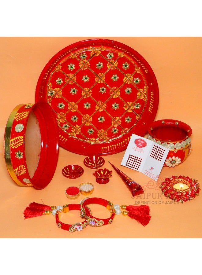 Jaipur Ace Karwa Chauth Traditional Womens Pooja Thali Combo Set | karwachauth Thali with Lota/Kalash, Channi, Bowls, Tealight Diya, Freesize Bangles,Bindi, Mehandi Cone & Kumkum - Image 1
