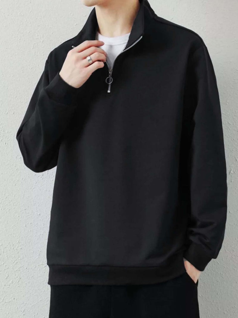 Jump Cuts Mens Solid Henley Neck Full Sleeve Black Half Zipper LoopKnit Sweatshirt - Image 2