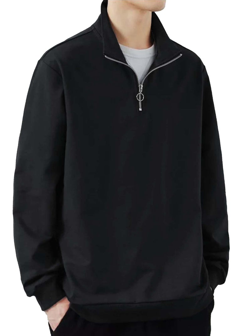 Jump Cuts Mens Solid Henley Neck Full Sleeve Black Half Zipper LoopKnit Sweatshirt - Image 5