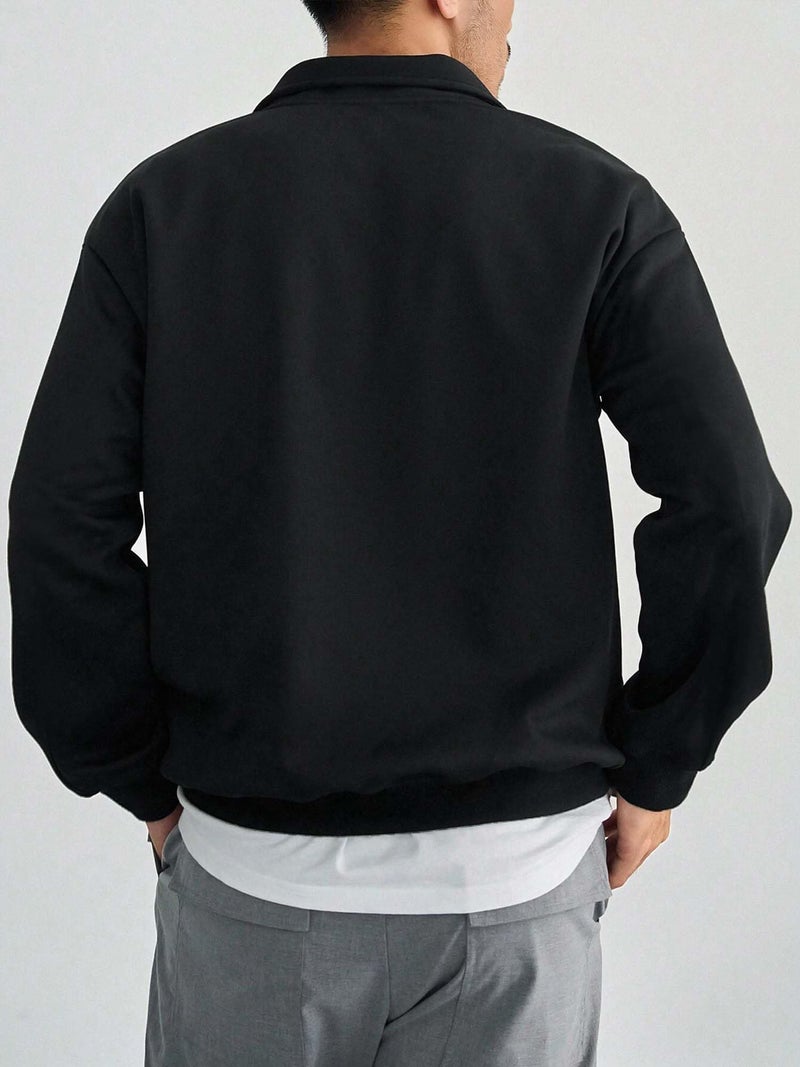 Jump Cuts Mens Solid Henley Neck Full Sleeve Black Half Zipper LoopKnit Sweatshirt - Image 3
