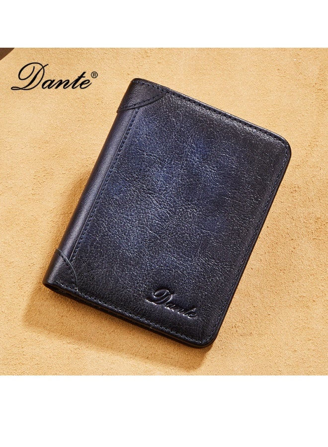 Dante Men's Genuine Leather RFID Anti-theft Brush Vertical Three-sided Retro First-layer Cowhide Wallet Blue (Anti-theft Card Swiping) 