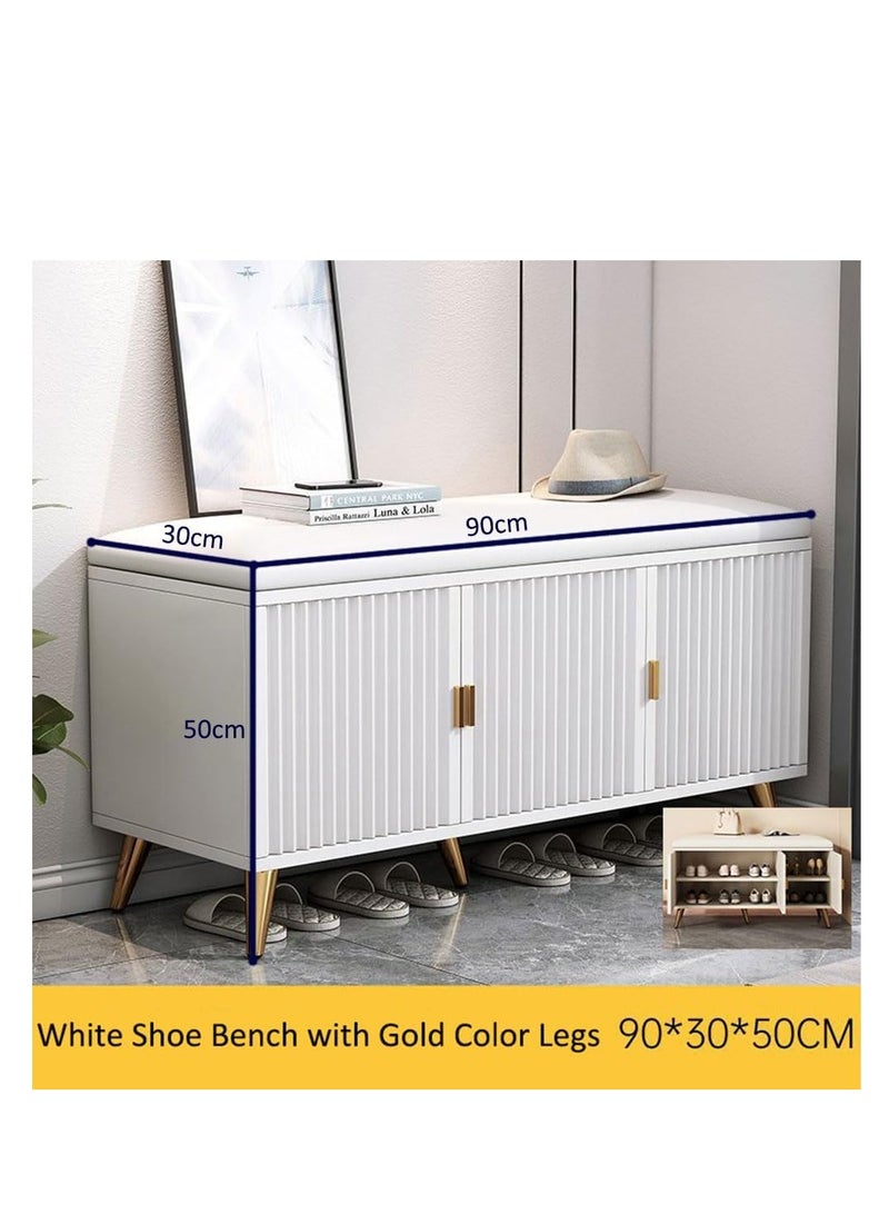 Generic Shoe Bench, 3 Magnetic Doors Shoe Cabinet with Leather Seat, Shoe Bench with 2-Tier Storage Rack, Entryway Storage Ottoman Bench with Padded Cushion,Shoes Organizer Stool for Hallway Living Room - Image 2