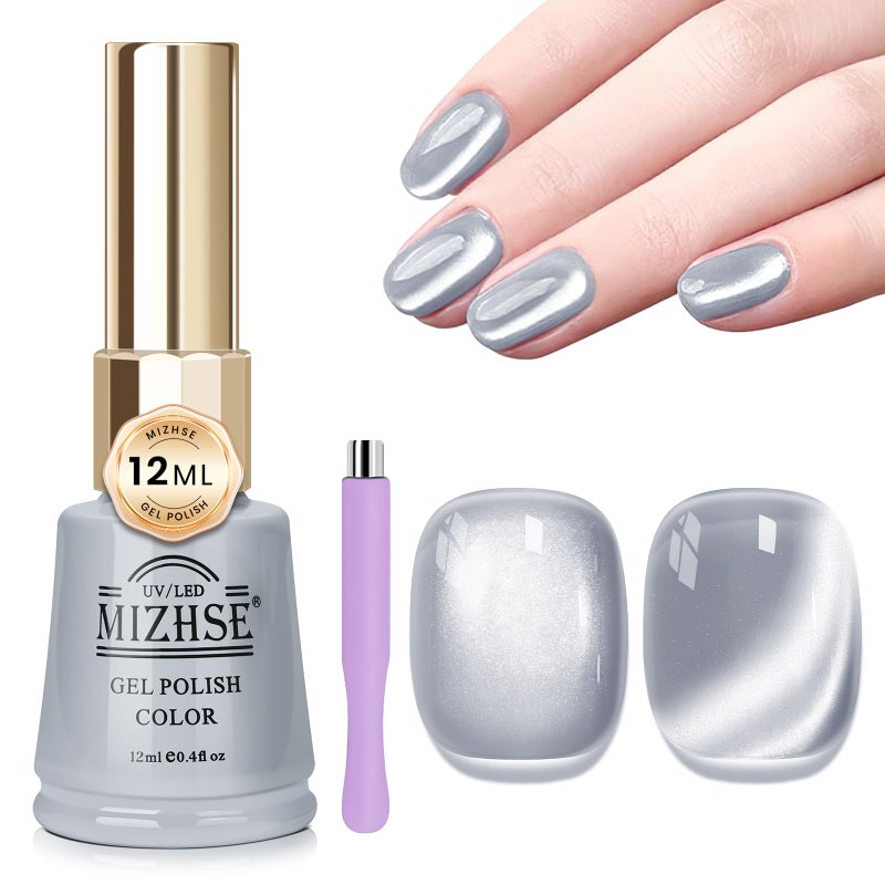MIZHSE Cat Eye Gel Nail Polish, 12mL Silver Cateye Gel Polish Glitter Moonlight Cat Eye Effect Soak Off U V LED Gel Polish for Nail Art Manicure Salon Home DIY - Image 1