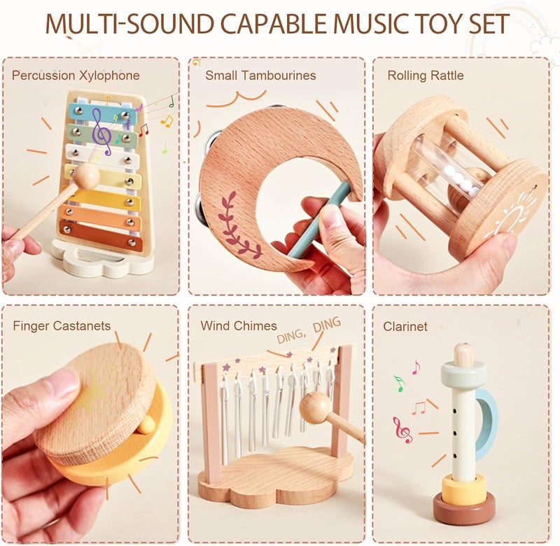 Smartwo Musical Instruments for Children from 1 2 3 Years, Montessori Baby Musical Toy, Music Instruments Wooden Toy Set with Xylophone, Flute Castanet, Gift for Girls, Boys, Toddlers - Image 2