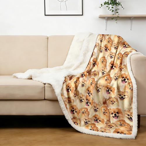 BlessLiving Fuzzy Dogs Blanket - Pomeranian Throw, Reversible Sherpa Fleece, Cute Puppy Design, 50 x 60 Inches - Image 1