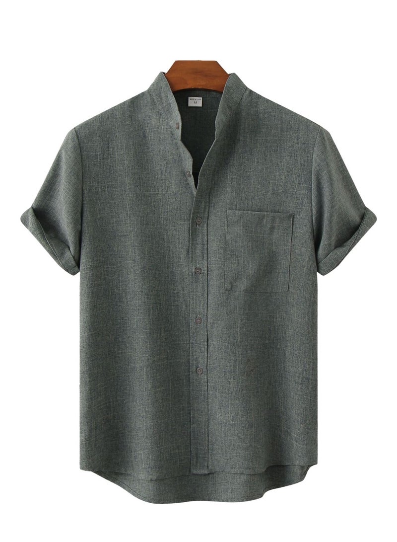 Summer new men's short-sleeved solid color men's shirt  - Image 1