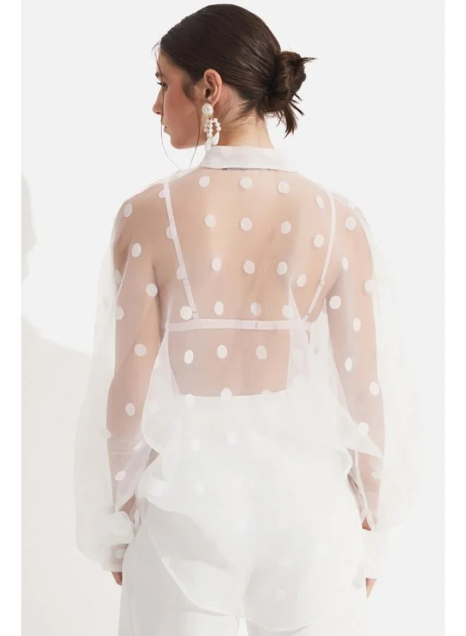 JUNE June Women Exclusive Oversize/Loose Fit Transparent Detailed Polka Dot Shirt White