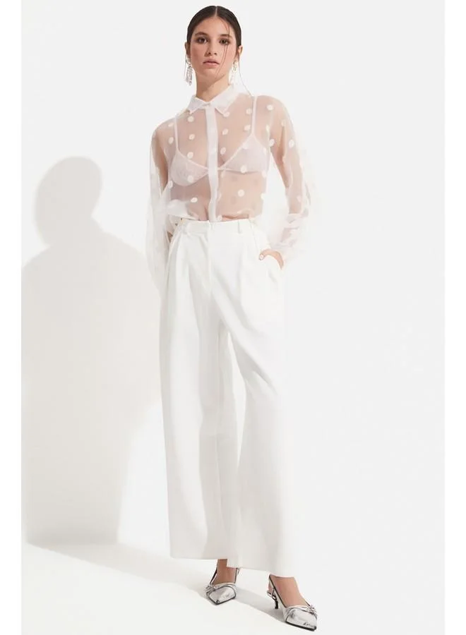 JUNE June Women Exclusive Oversize/Loose Fit Transparent Detailed Polka Dot Shirt White