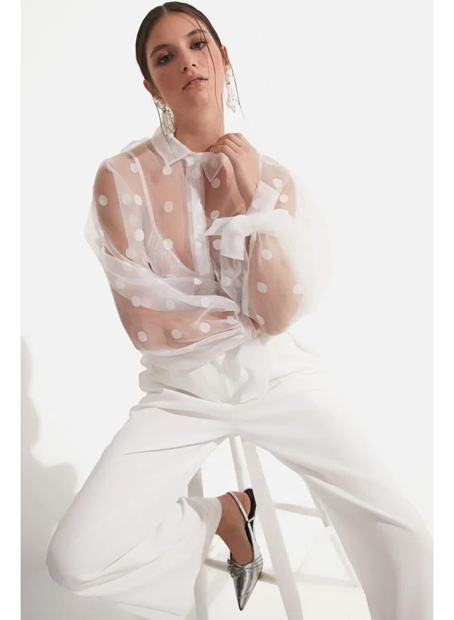 JUNE June Women Exclusive Oversize/Loose Fit Transparent Detailed Polka Dot Shirt White