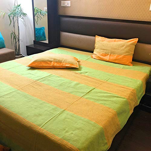 RANGBHAR Handloom Cotton Double Bedsheet With 2 Pillow Covers,Woven Striped Bedsheet,90 X 100 Inch,Green,220 TC - Image 3