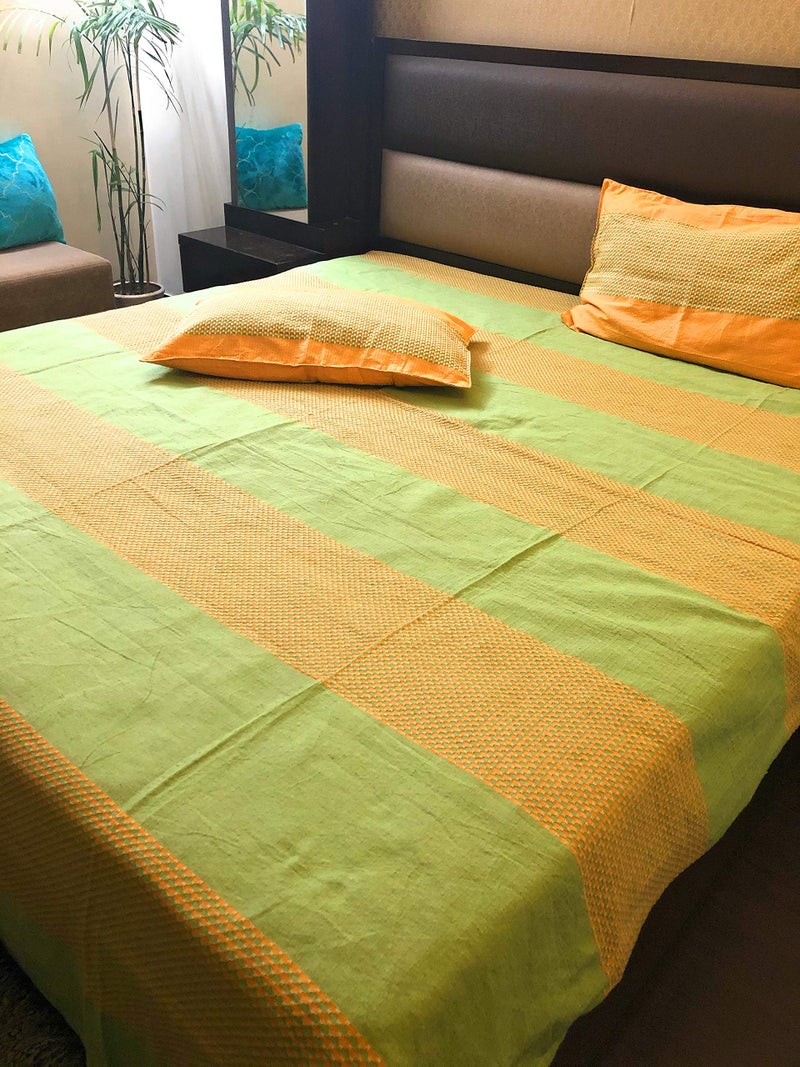 RANGBHAR Handloom Cotton Double Bedsheet With 2 Pillow Covers,Woven Striped Bedsheet,90 X 100 Inch,Green,220 TC - Image 2