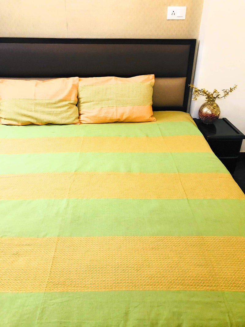 RANGBHAR Handloom Cotton Double Bedsheet With 2 Pillow Covers,Woven Striped Bedsheet,90 X 100 Inch,Green,220 TC - Image 4