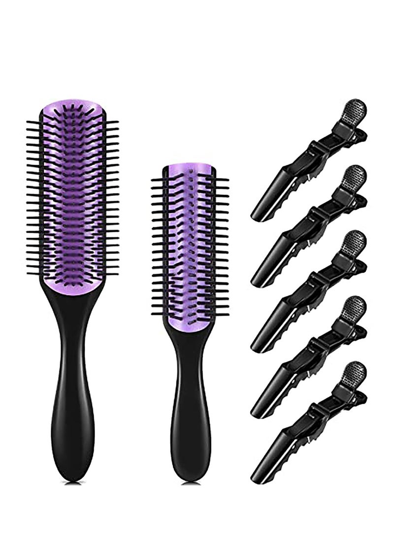 KASTWAVE Cushion Nylon Bristle Styling Brush Set, 9-Row Curly Hair Detangling Brush, 5-Row Travel Hair Brush and 5 Pieces Hair Clips for Separating, Shaping, Fixing Hair  - Image 1