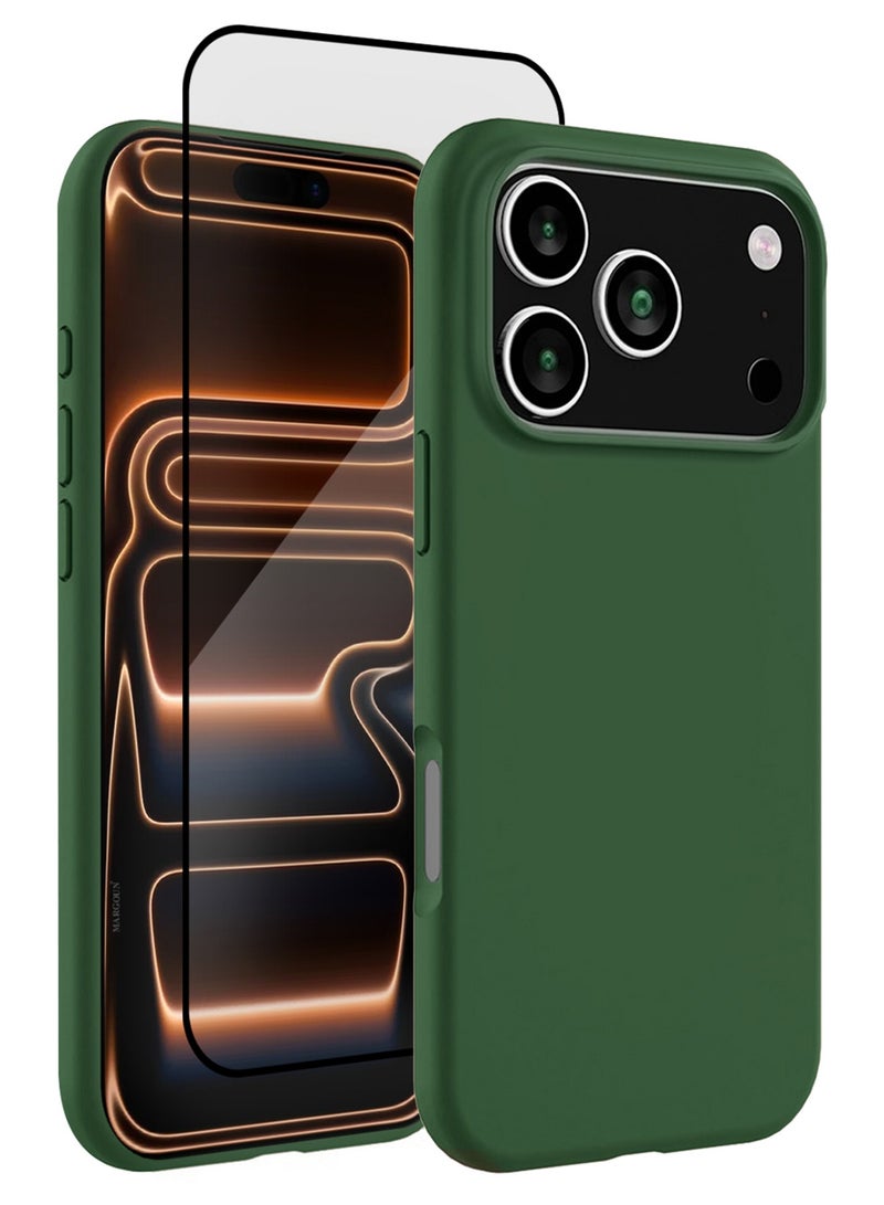 2 Packs Silicone Protective Phone Case for iPhone 17 Pro - Soft Anti-Scratch Microfiber Lining Utra Slim Drop Protection Phone Cover with 3D Screen Protector - Green