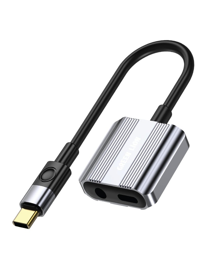 GREEN LION 2 In 1 Splitter Adapter Type-C Connector to AUX & Type-C Ports / 12W Charging / Call/ Music/ Remote Control /Durable / Heat Dissipation / 12 cm Cable / 3.5 mm AUX Port / Plug & Play - Image 1