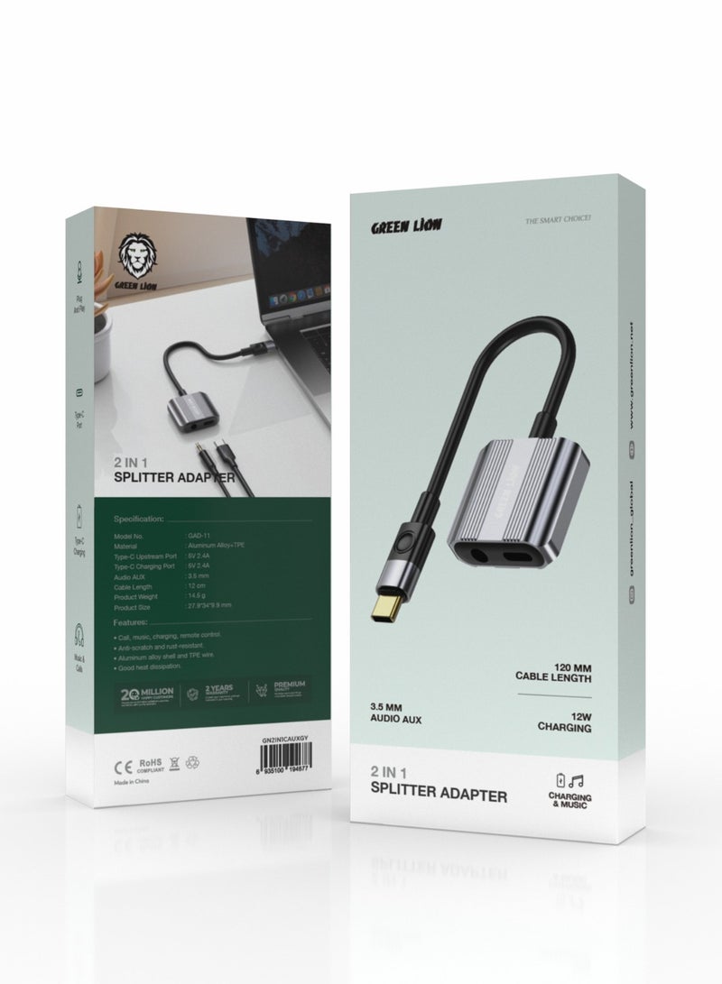 GREEN LION 2 In 1 Splitter Adapter Type-C Connector to AUX & Type-C Ports / 12W Charging / Call/ Music/ Remote Control /Durable / Heat Dissipation / 12 cm Cable / 3.5 mm AUX Port / Plug & Play - Image 3