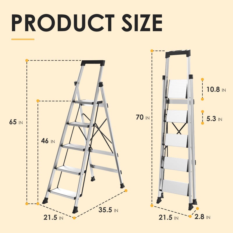 HBtower 5 Aluminum Step Ladder, Strudy Ladders for Home with Tool Tray, Anti-Slip Folding Step Stool for Adults, Light Weight Portable 330lbs Safety for Kitchen Warehouse Outdoor Work - Image 2
