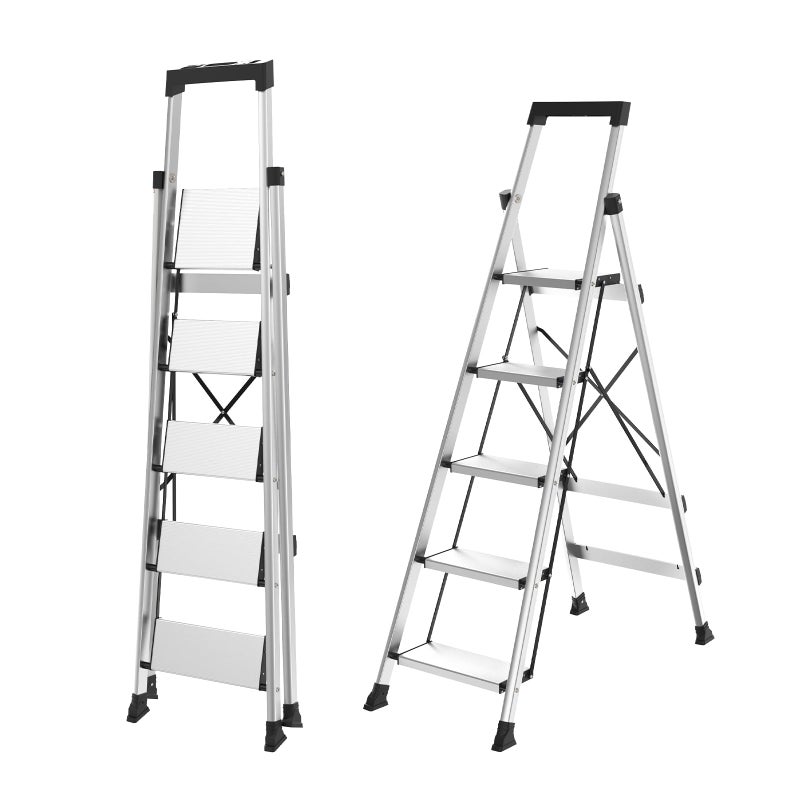 HBtower 5 Aluminum Step Ladder, Strudy Ladders for Home with Tool Tray, Anti-Slip Folding Step Stool for Adults, Light Weight Portable 330lbs Safety for Kitchen Warehouse Outdoor Work - Image 1