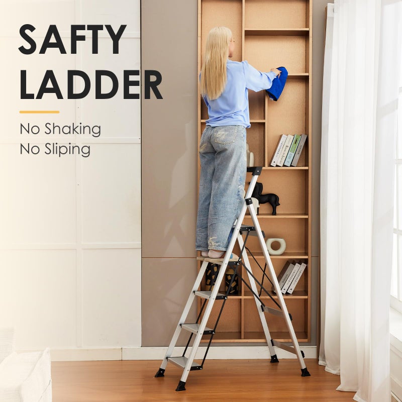 HBtower 5 Aluminum Step Ladder, Strudy Ladders for Home with Tool Tray, Anti-Slip Folding Step Stool for Adults, Light Weight Portable 330lbs Safety for Kitchen Warehouse Outdoor Work - Image 3