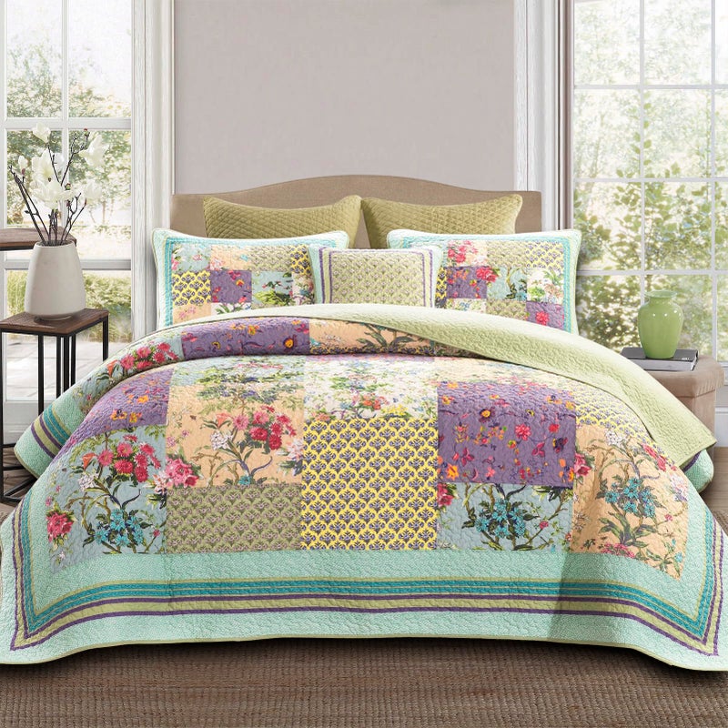 YAYIDAY Quilts Queen Size Patchwork Bedspread Set  100 Cotton Reversible Breathable Colorful Floral Quilted Quilt with Pillow Shams Fit All Seasons