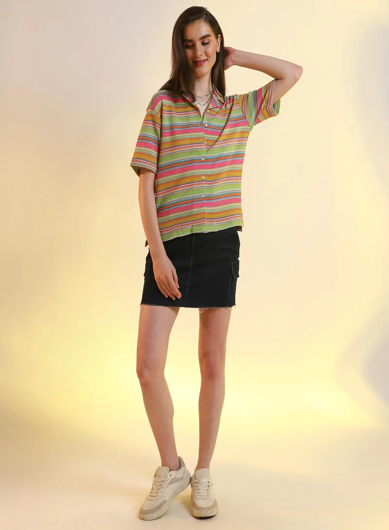 PINACOLADA Jamaican Striped Shirt For Casual Wear | Cuban Collar | Short Sleeve | Button Closure | Shirt Designed With Comfortable Fit For Woman & Girls