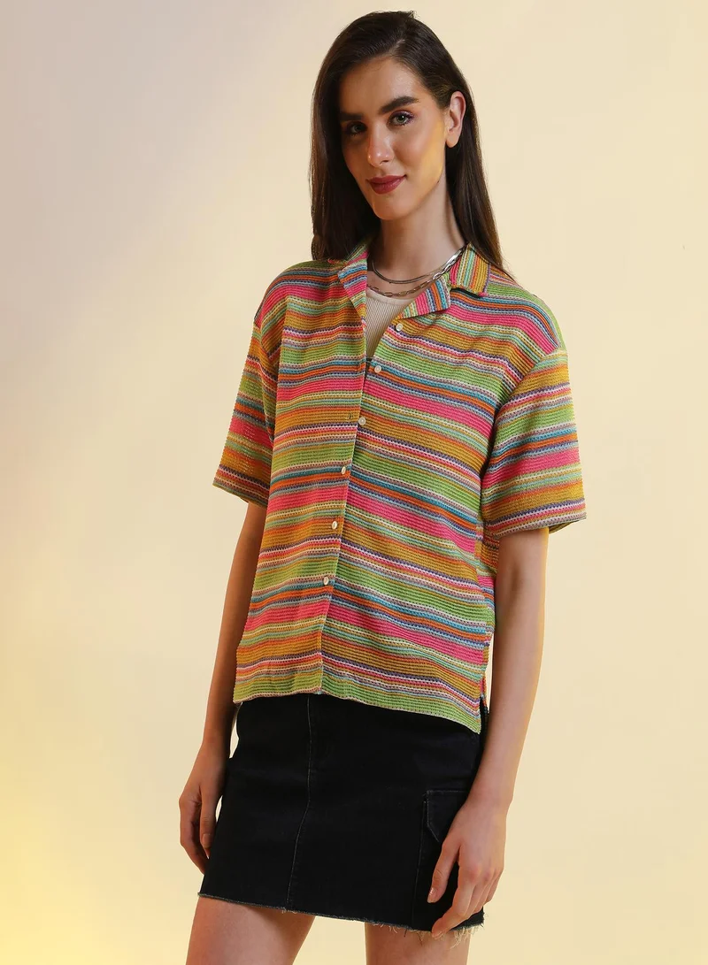 PINACOLADA Jamaican Striped Shirt For Casual Wear | Cuban Collar | Short Sleeve | Button Closure | Shirt Designed With Comfortable Fit For Woman & Girls