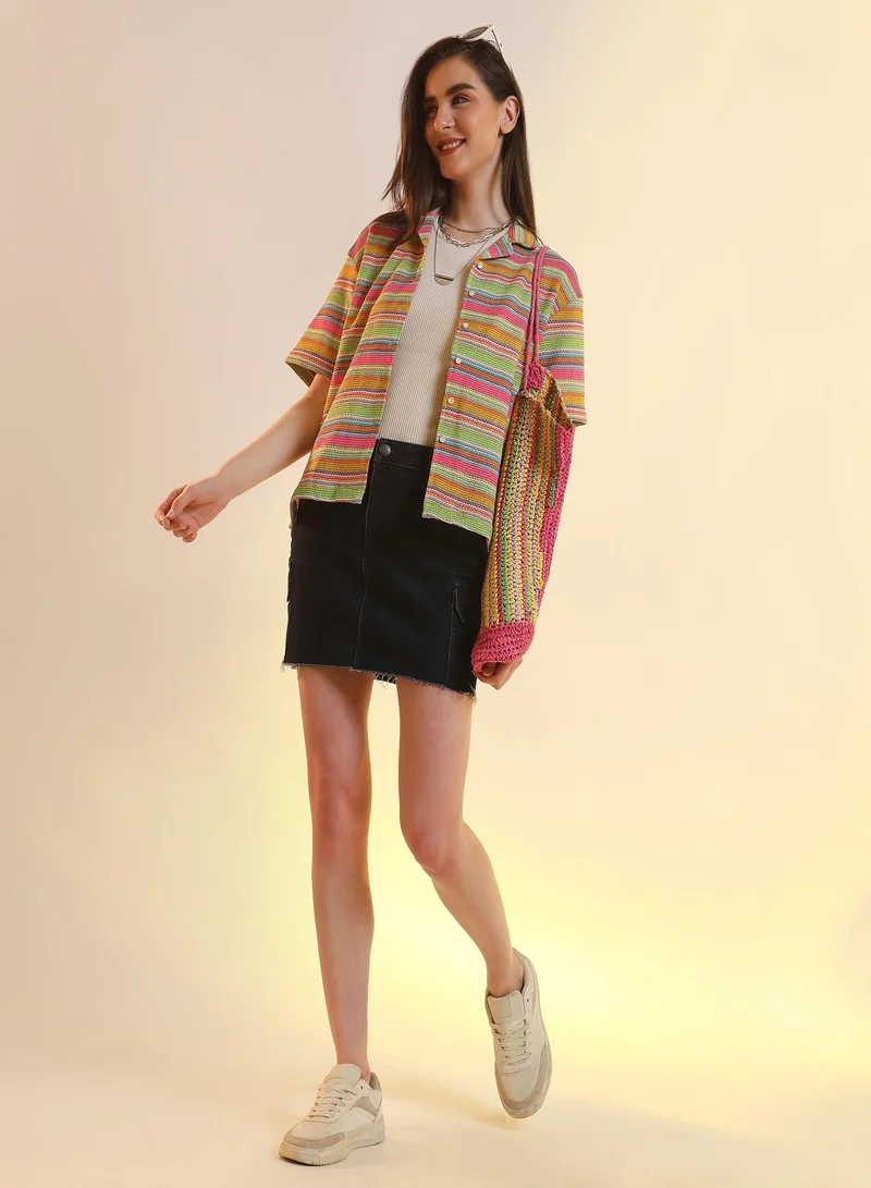 PINACOLADA Jamaican Striped Shirt For Casual Wear | Cuban Collar | Short Sleeve | Button Closure | Shirt Designed With Comfortable Fit For Woman & Girls