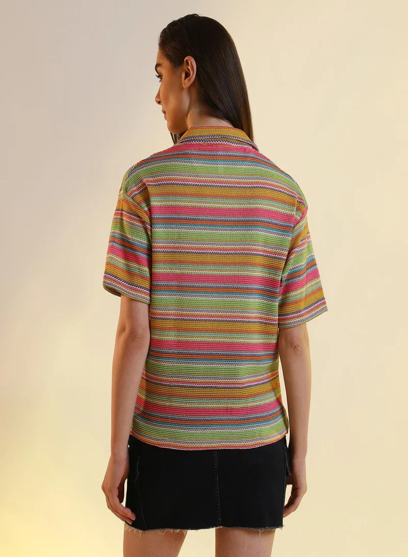 PINACOLADA Jamaican Striped Shirt For Casual Wear | Cuban Collar | Short Sleeve | Button Closure | Shirt Designed With Comfortable Fit For Woman & Girls
