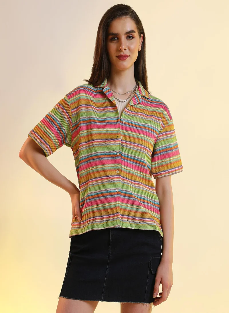 بينيا كولادا Jamaican Striped Shirt For Casual Wear | Cuban Collar | Short Sleeve | Button Closure | Shirt Designed With Comfortable Fit For Woman & Girls