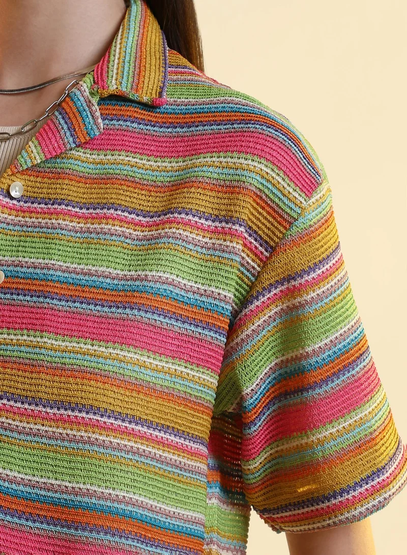 PINACOLADA Jamaican Striped Shirt For Casual Wear | Cuban Collar | Short Sleeve | Button Closure | Shirt Designed With Comfortable Fit For Woman & Girls