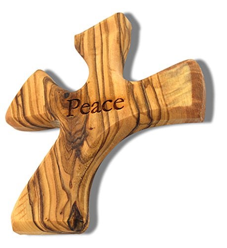 Jerusalem Wood Olive Wood Prayer Cross: Hand Held Cross Made to Perfectly Fit in Your Hand (Peace) - Image 1