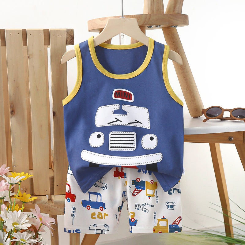 Kids Cotton Vest Set Summer 2024 E25-Blue School Bus 