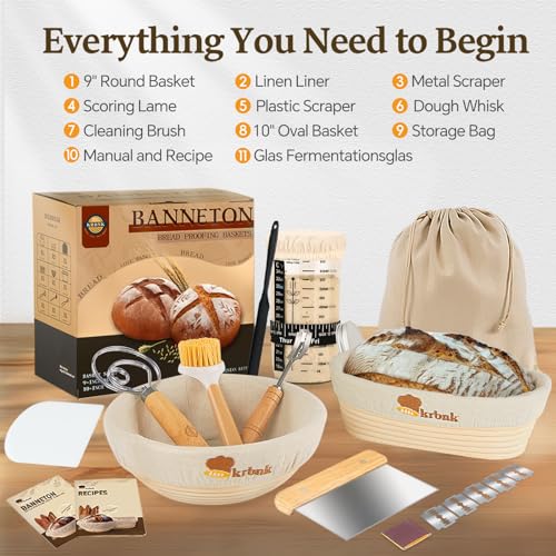 Krbnk Sourdough Starter Kit, 24oz Sourdough Starter Jar, 2 Banneton Bread Proofing Baskets, Sourdough Bread Baking Supplies Bread Proofing Baskets(All in One 9" Round + 10" Oval) - Image 4