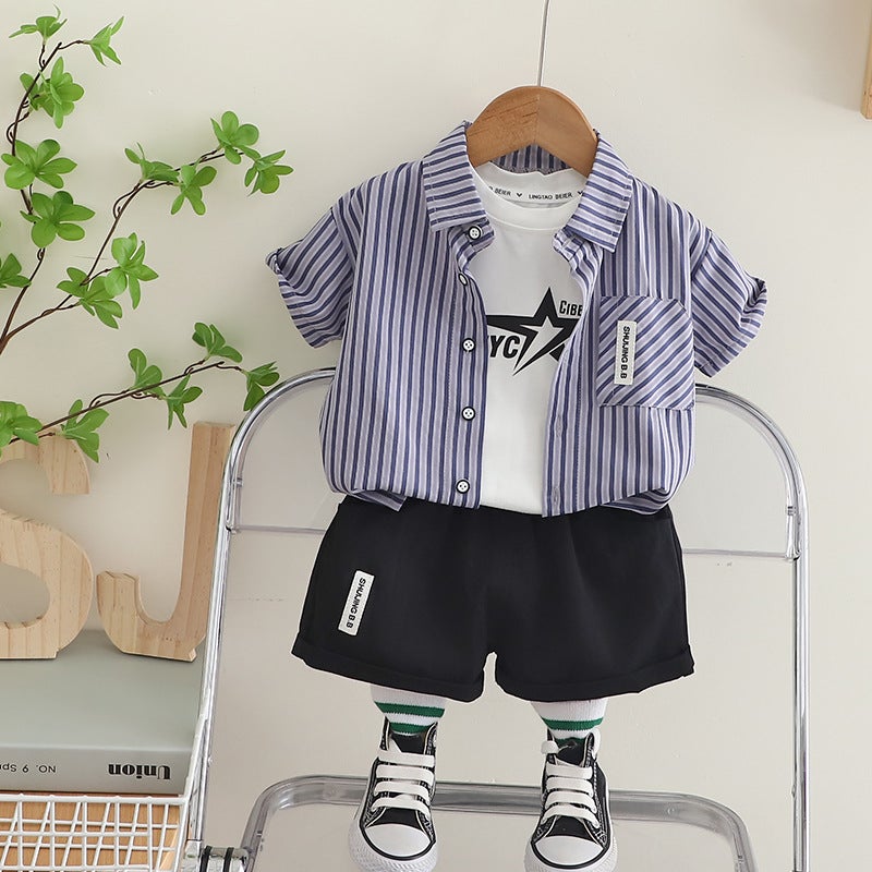 New summer boys round neck bottom shirt vertical shirt short sleeve casual cotton pants three-piece set manufacturers wholesale Blue