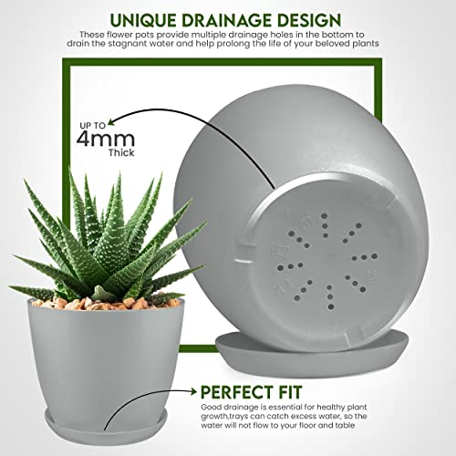Utopia Home - Plant Pots Indoor with Drainage - 7/6.6/6/5.3/4.8 Inches Flower Pots for Indoor Planter - 5 Pack Plastic Planters - Ideal for Stocking Stuffers or Home Christmas Decorations - Gray - Image 3