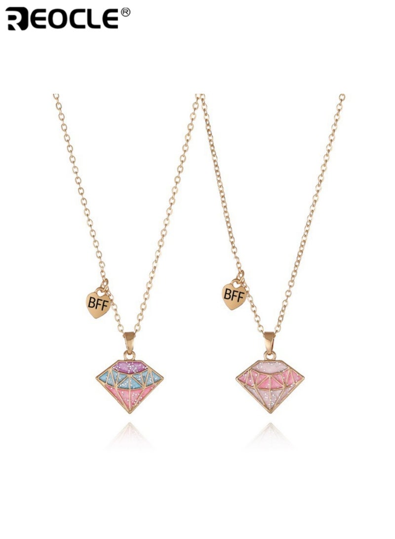 REOCLE 2PCS Kids' Matching Necklaces Diamond-Shaped Pendant Chain Jewelry Casual Daily Wear Friendship Accessories - Image 4