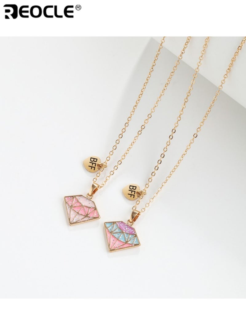 REOCLE 2PCS Kids' Matching Necklaces Diamond-Shaped Pendant Chain Jewelry Casual Daily Wear Friendship Accessories - Image 3