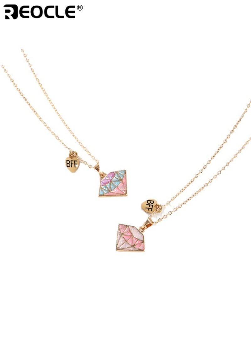 REOCLE 2PCS Kids' Matching Necklaces Diamond-Shaped Pendant Chain Jewelry Casual Daily Wear Friendship Accessories - Image 5