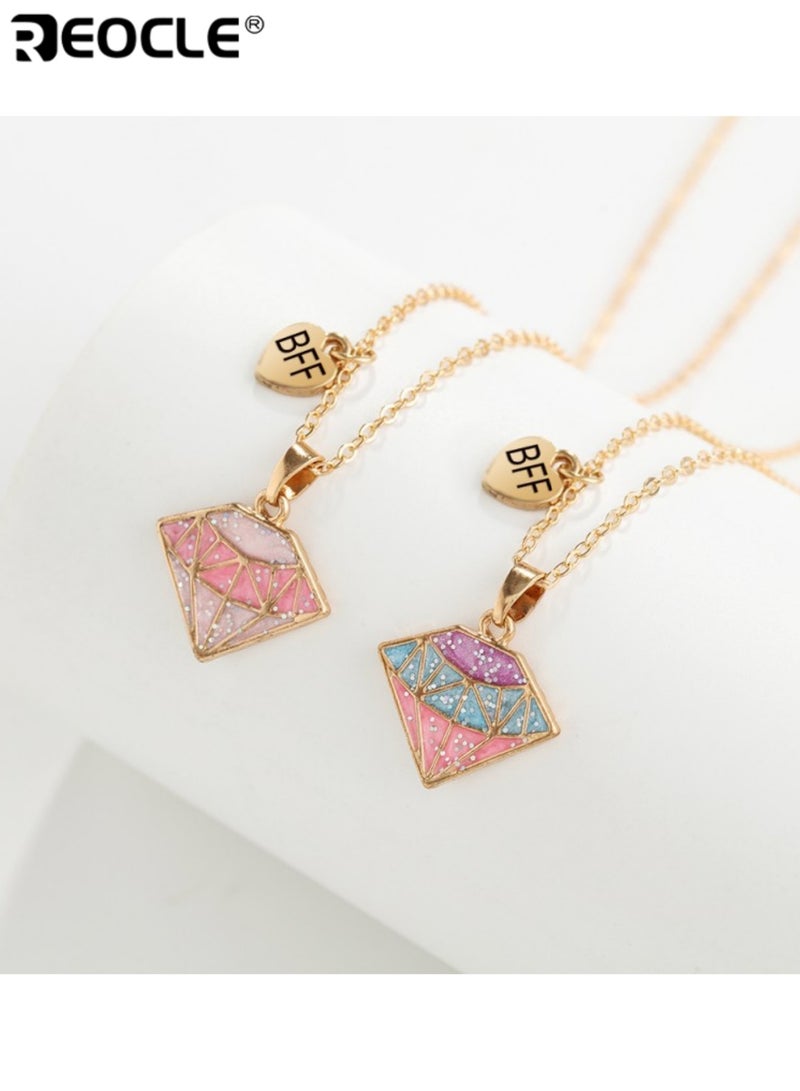 REOCLE 2PCS Kids' Matching Necklaces Diamond-Shaped Pendant Chain Jewelry Casual Daily Wear Friendship Accessories - Image 1