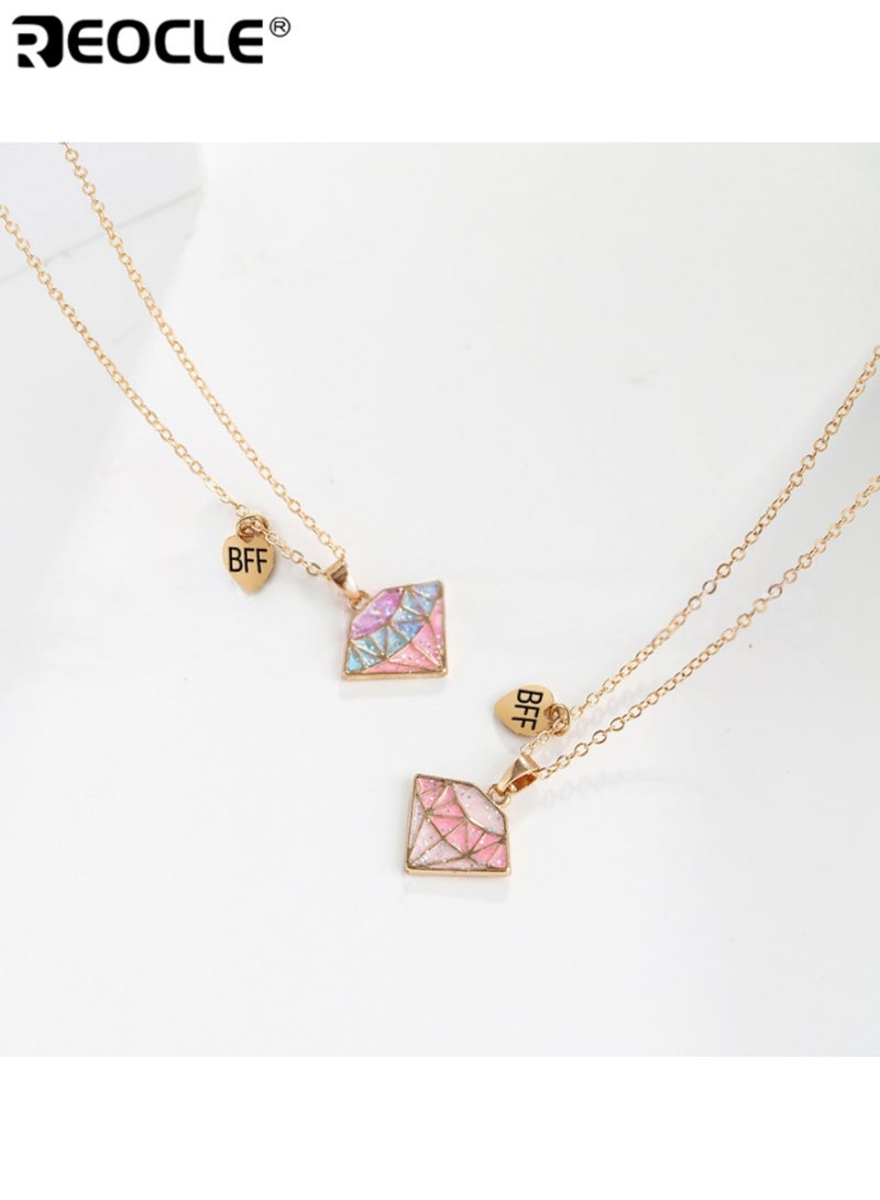 REOCLE 2PCS Kids' Matching Necklaces Diamond-Shaped Pendant Chain Jewelry Casual Daily Wear Friendship Accessories - Image 2