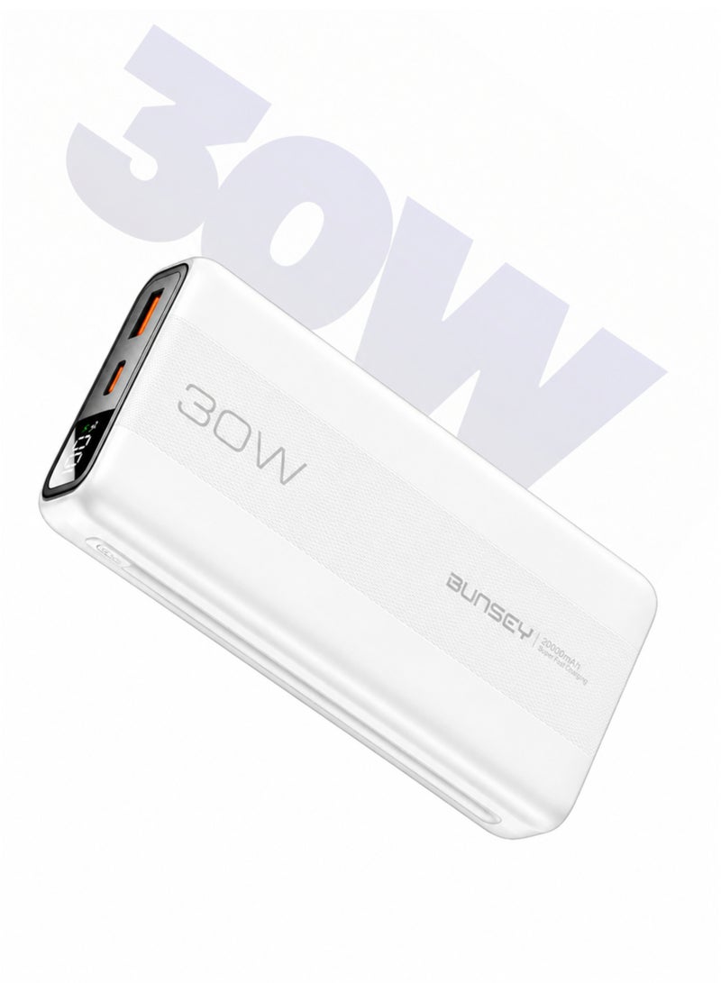 Bunsey 20000mAh 30W Super Fast Charging Powerbank with Digital Display Screen for Battery Status, Power-On Button, Lightweight Portable Charger  | Fast Charge for Smartphones, Tablets, iPhone, Samsung, Xiaomi | BP04 | White - Image 1