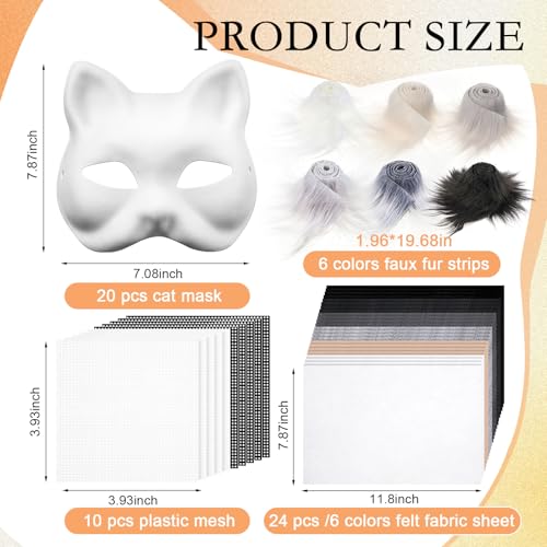 Seenelling 60 Pcs DIY Therian Mask Kit Blank Cat Mask with Felt Fabric Sheet Plush Faux Fur Eye Mesh for Therian Gear Stuff Grey - Image 5