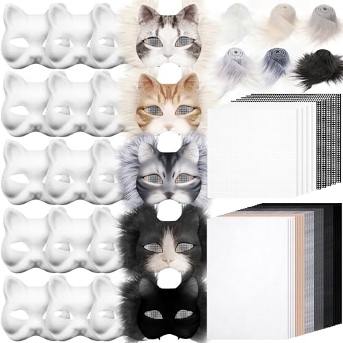 Seenelling 60 Pcs DIY Therian Mask Kit Blank Cat Mask with Felt Fabric Sheet Plush Faux Fur Eye Mesh for Therian Gear Stuff Grey - Image 1