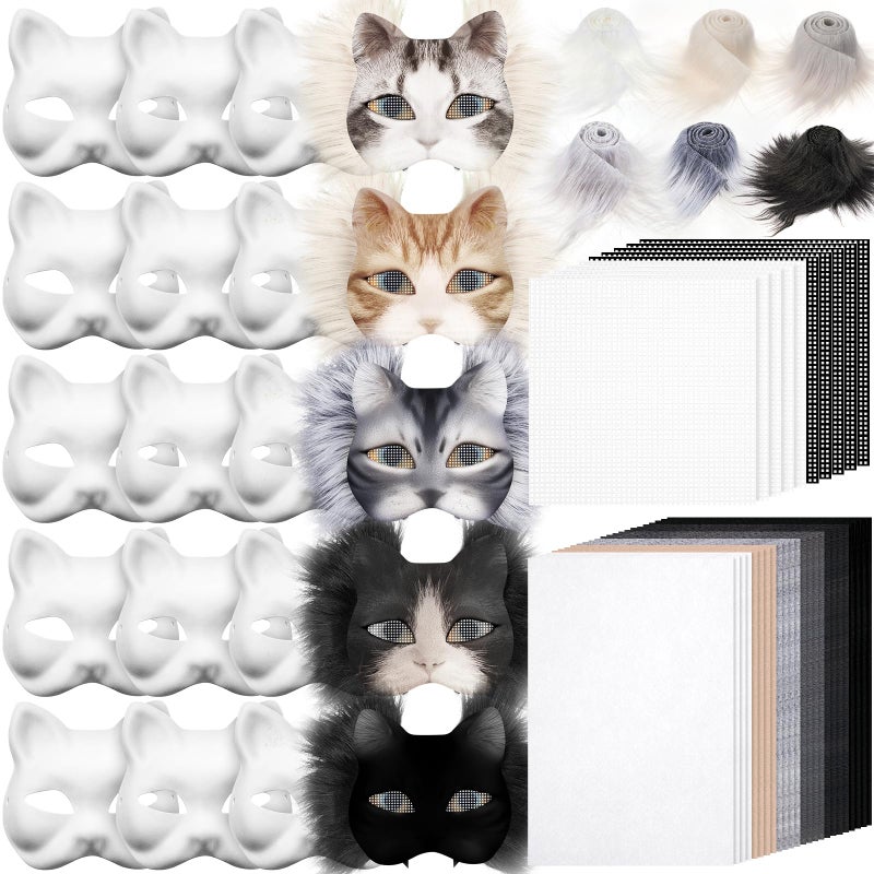 Seenelling 60 Pcs DIY Therian Mask Kit Blank Cat Mask with Felt Fabric Sheet Plush Faux Fur Eye Mesh for Therian Gear Stuff Grey - Image 2