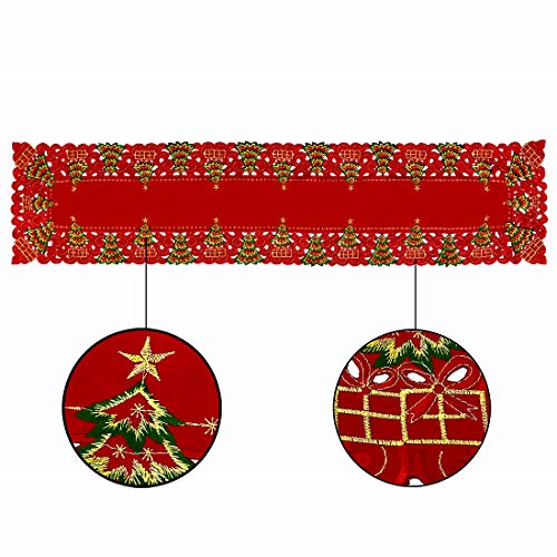 Grelucgo Embroidered Christmas Holiday Holly Tree Table Runner, Dresser Scarf, Rectangular 16 x 72 Inch - Image 3