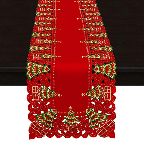 Grelucgo Embroidered Christmas Holiday Holly Tree Table Runner, Dresser Scarf, Rectangular 16 x 72 Inch - Image 5