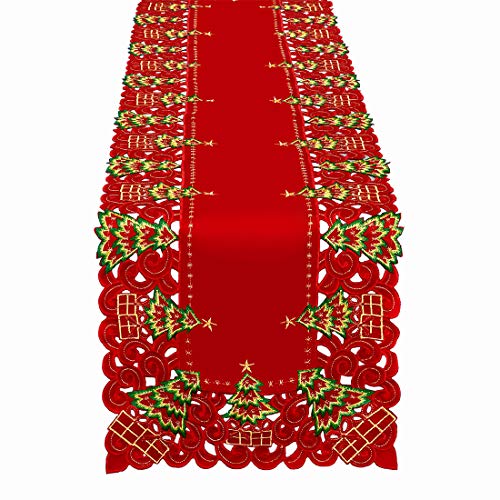 Grelucgo Embroidered Christmas Holiday Holly Tree Table Runner, Dresser Scarf, Rectangular 16 x 72 Inch - Image 1