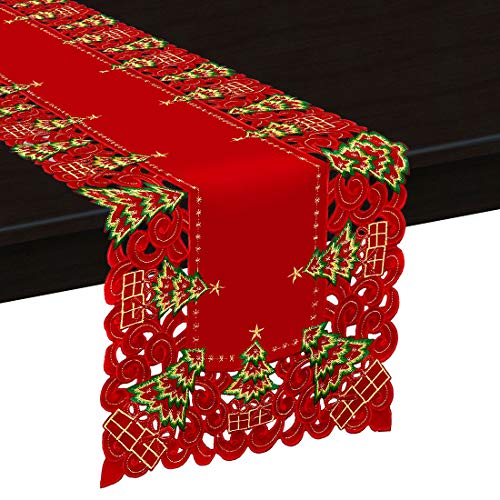 Grelucgo Embroidered Christmas Holiday Holly Tree Table Runner, Dresser Scarf, Rectangular 16 x 72 Inch - Image 2