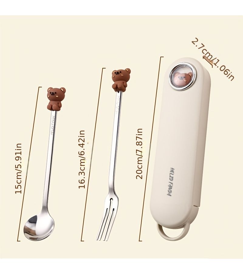Stainless Steel Cartoon Fork Spoon Set With Fan Fan Tu Box Small Portable - Image 3