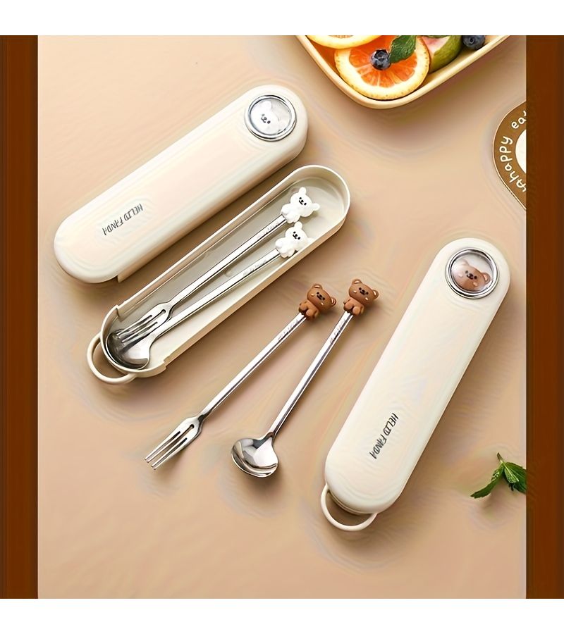 Stainless Steel Cartoon Fork Spoon Set With Fan Fan Tu Box Small Portable - Image 5